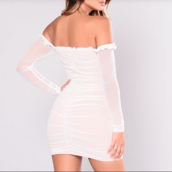 White Sheer Ruched Ruffle Mesh•Mini Dress - Picture 6 of 7